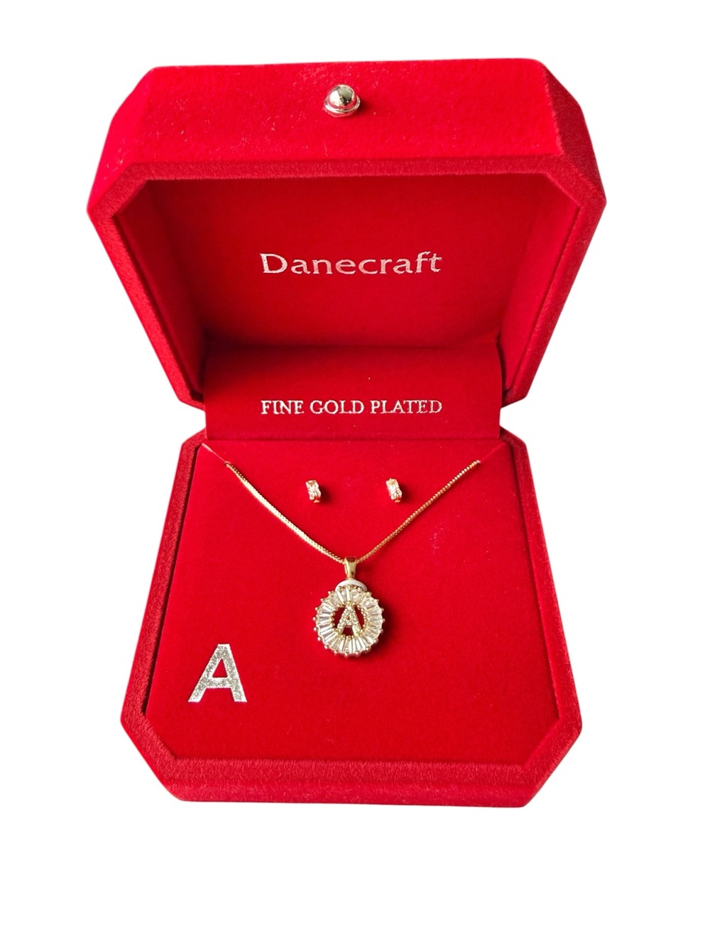 Danecraft Initial A Gold Plated Necklace & Earrings Jewelry Set LED Gift Box